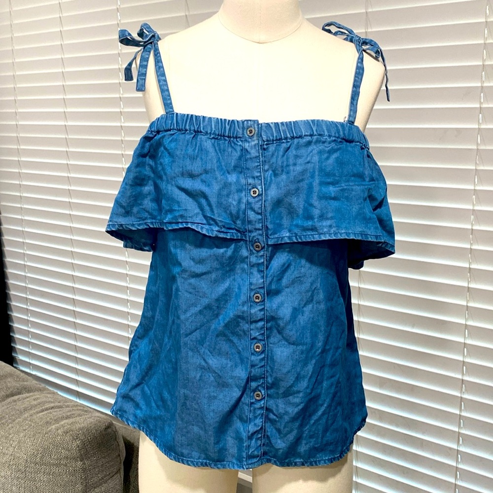 LUCKY BRAND Ruffle 100% Lyocell Off the Shoulder Tie Button Top XS
